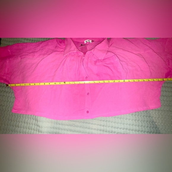 Day & Moon Bright Pink Button-Up crop gauzy bubble Shirt 100% cotton NWT Size M - Picture 6 of 14